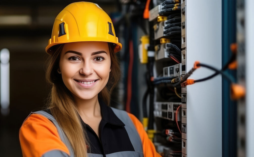 Eine Elektrik-Meisterin mit Helm steht vor einem Schaltkasten und lächelt.