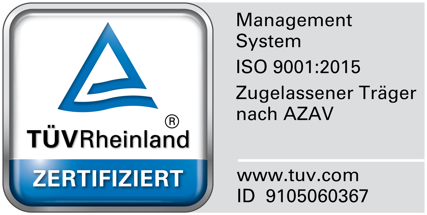 Siegel TÜV Rheinland. Zertifiziert Management System ISO 9001:2015. Zugelassener Träger nach AZAV. www.tuv.de - ID 9105060367.