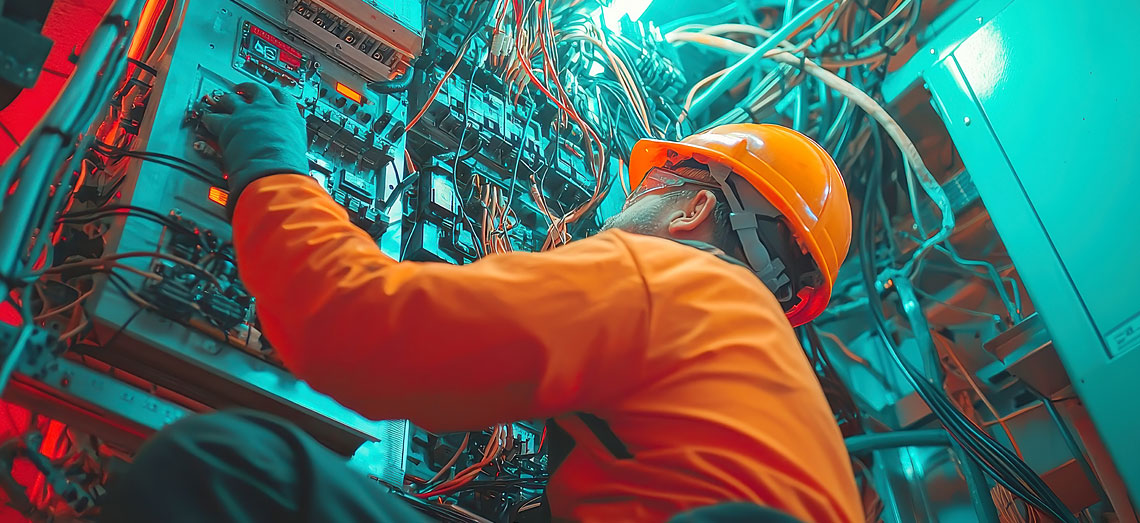Ein Industrieelektriker arbeitet in einer Schaltanlage.