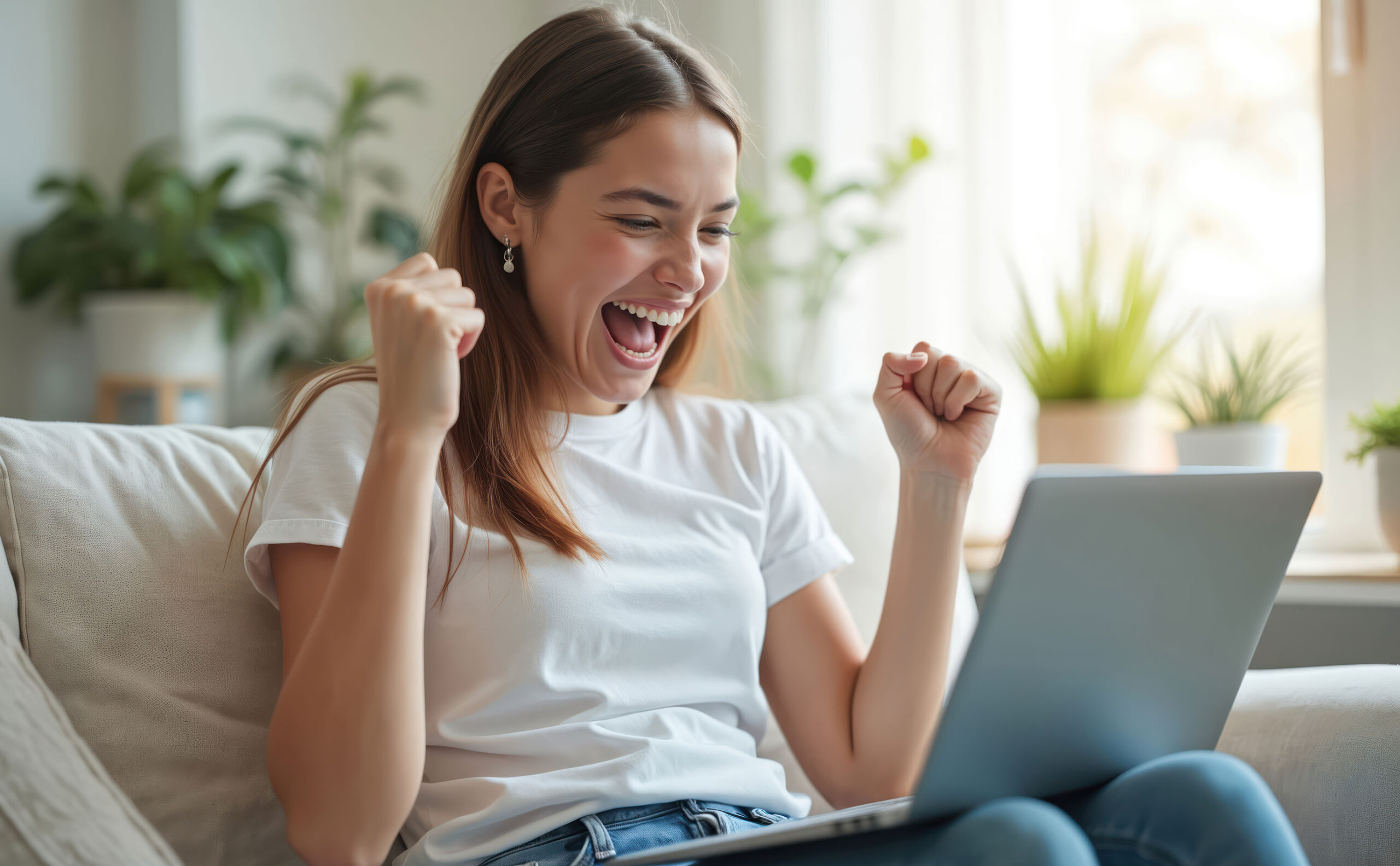 Eine junge Frau ballt vor Freude die Hände und freut sich, während sie auf das Display von einem Laptop schaut.