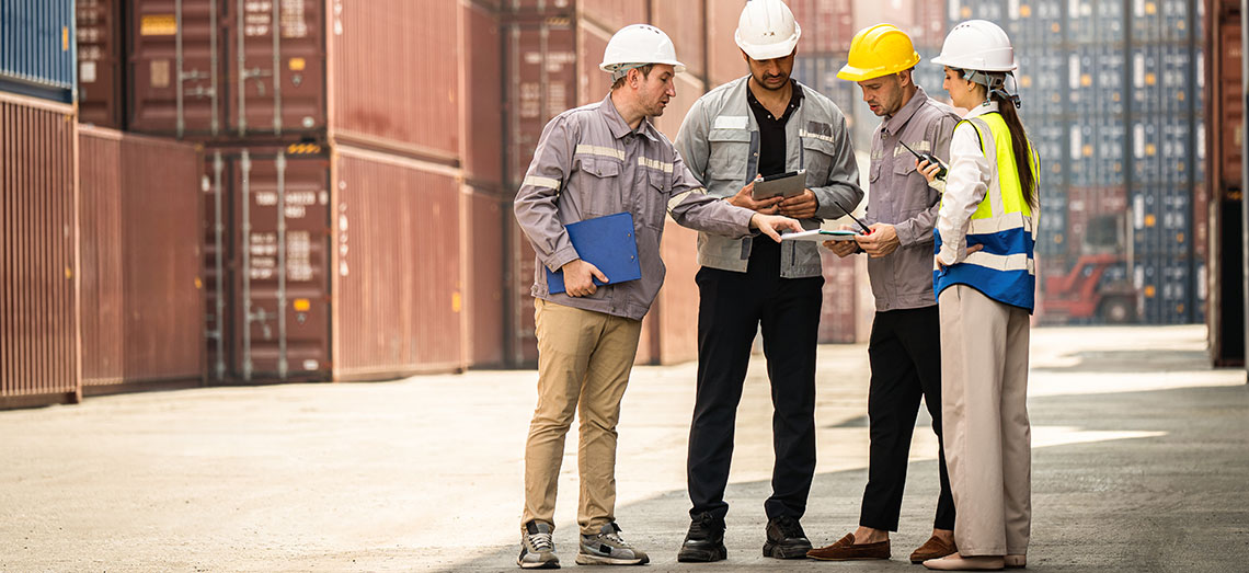 Vier Personen schauen in Ihre Notizen und unterhalten sich. Im Hintergrund sind Überseecontainer zu sehen.