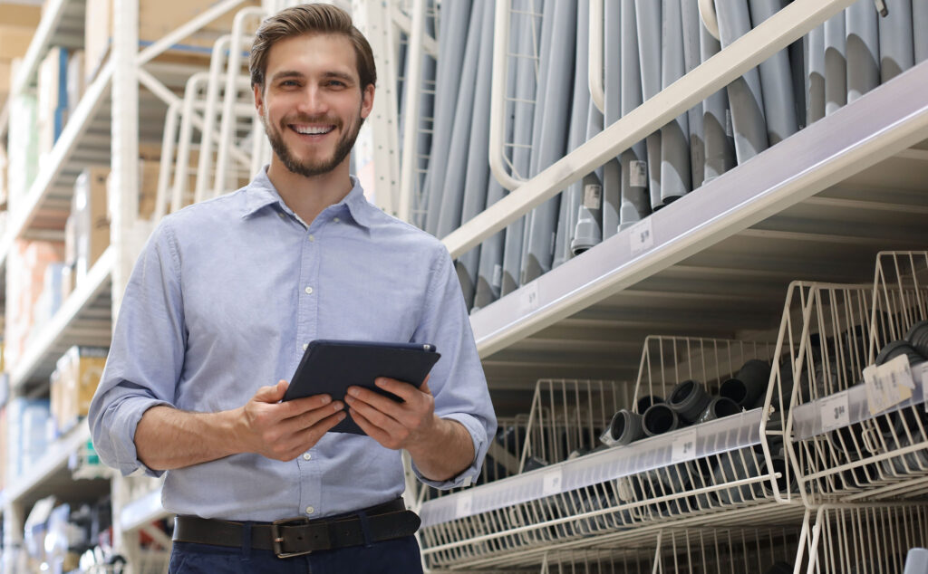 Ein Angestellter eines Baumarkts steht vor einem Regal und hält ein Notizblock in der Händen.