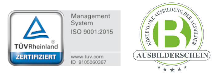 Logos (TÜV_AdA) Siegel TÜV Rheinland Management System ISO 9001:2015 und Siegel - Kostenlose Ausbildung zum Ausbilder - Ausbilderschein.