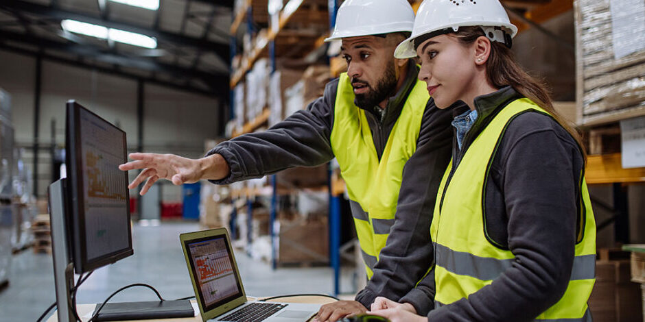 Ein Mann und eine Frau arbeiten im Lager an einem Laptop und vergleichen dort Zahlen.