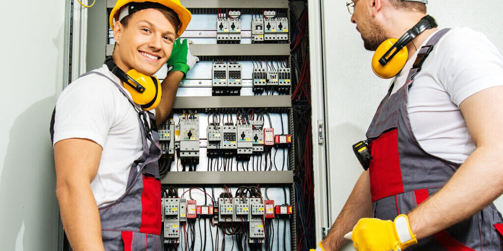Zwei Männer stehen vor einem Elektro-Schaltkasten.